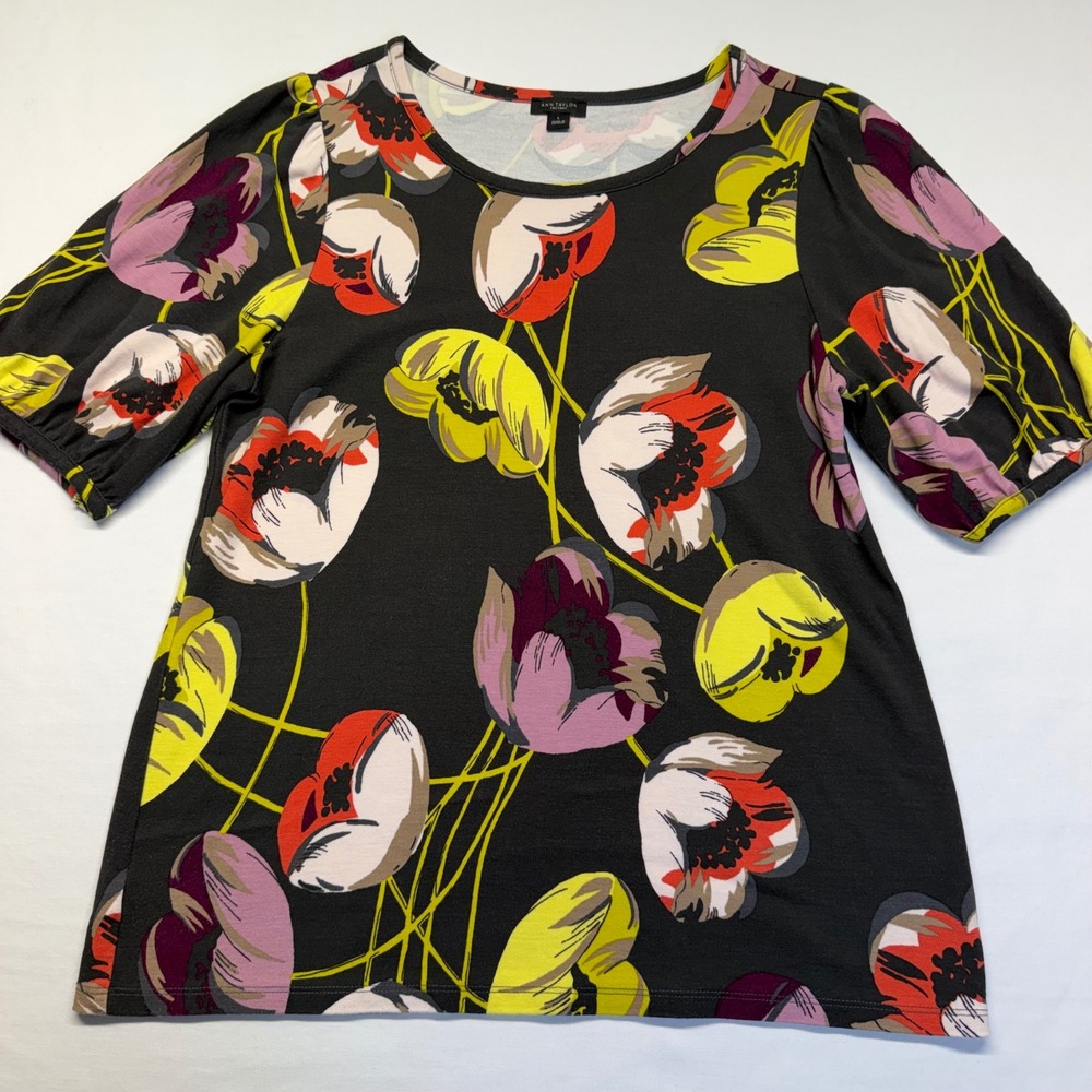Ann Taylor Factory Floral Puff Sleeve Top L Black Yellow Pink Poppy Womens Knit